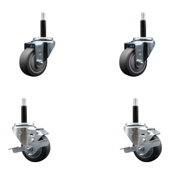 3'' Thermoplastic Rubber Wheel Swivel 3/4'' Expanding Stem Caster Set 2 Brakes, 4PK